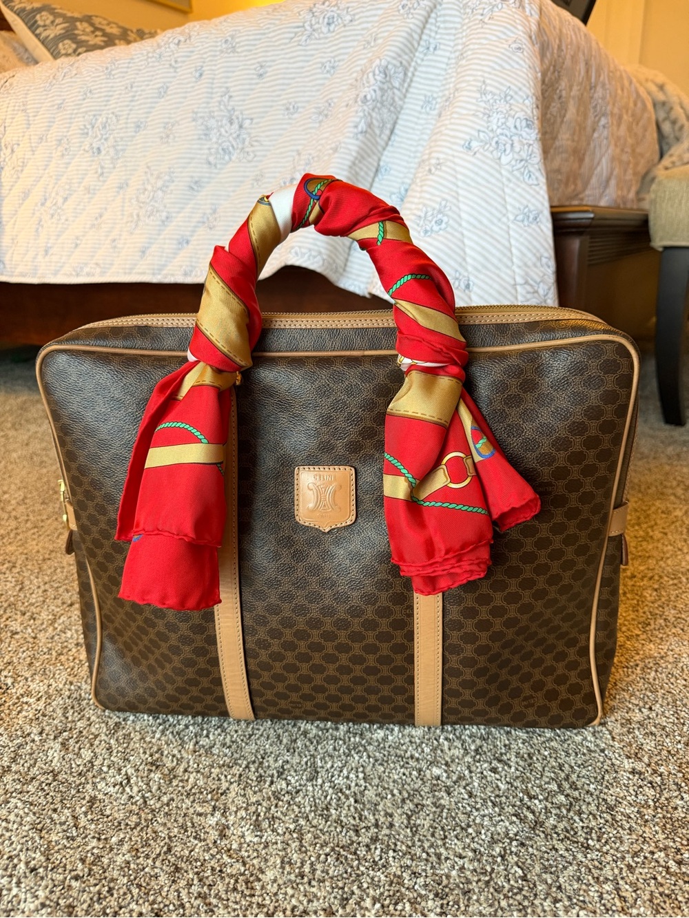Celine Brown Macadam Travel Tote Briefcase + Celine Silk Saddle Scarf Bundle